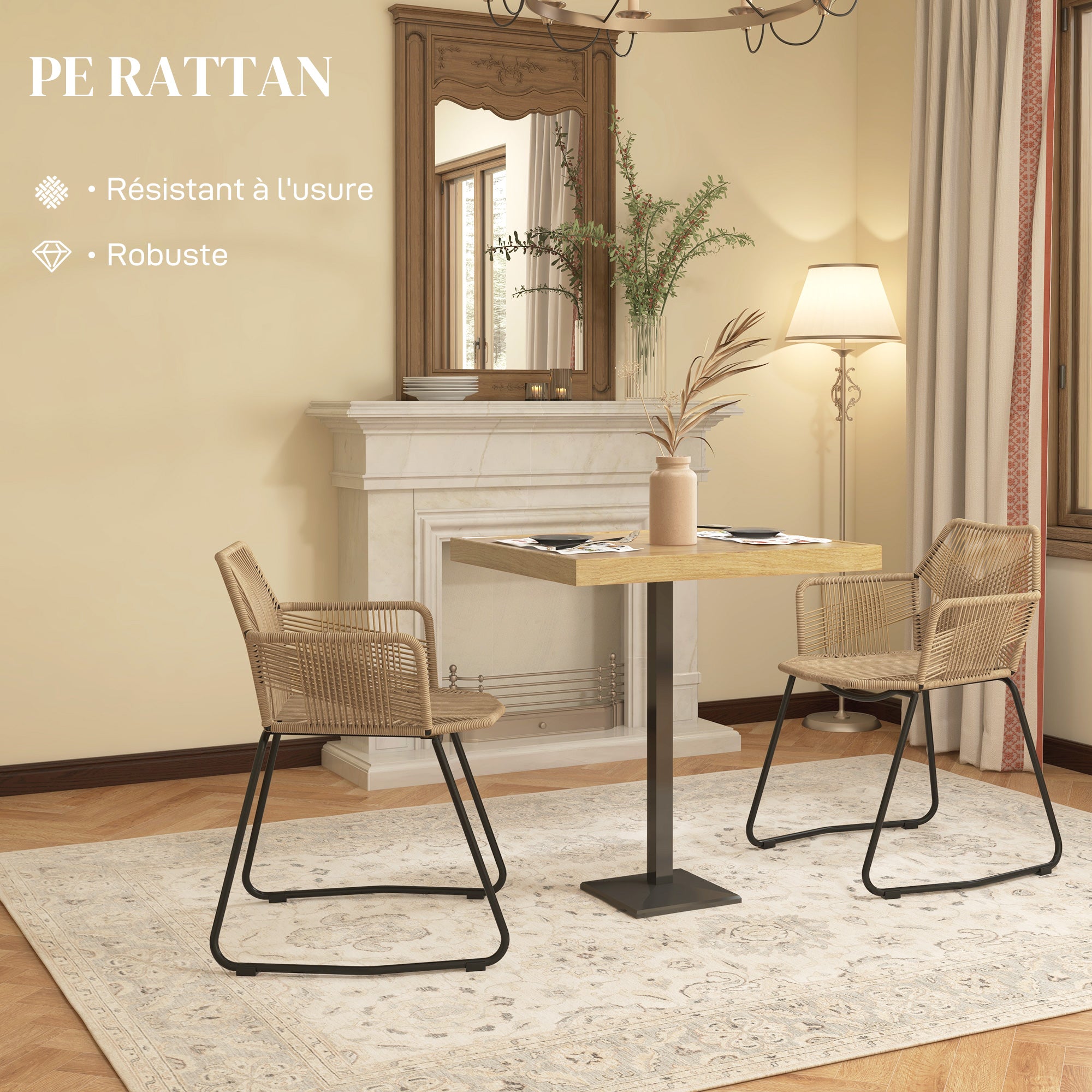 Set of 2 Dining Chairs Kitchen Chair Rattan Design Bohemian Style Steel Base 56 x 59 x 74 cm