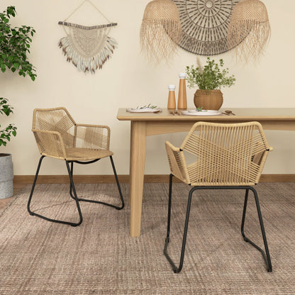 Set of 2 Dining Chairs Kitchen Chair Rattan Design Bohemian Style Steel Base 56 x 59 x 74 cm