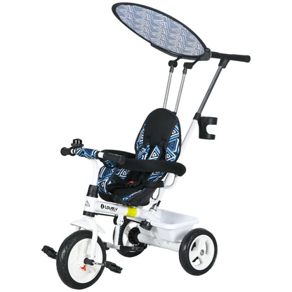 Baby Tricycle 6 in 1 Evolutionary Tricycle for Kids +12 Months with Foldable Canopy Telescopic and Detachable Push Handle Adjustable Seat Basket and Bottle Holder Blue and White