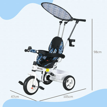 Baby Tricycle 6 in 1 Evolutionary Tricycle for Kids +12 Months with Foldable Canopy Telescopic and Detachable Push Handle Adjustable Seat Basket and Bottle Holder Blue and White