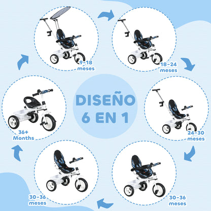 Baby Tricycle 6 in 1 Evolutionary Tricycle for Kids +12 Months with Foldable Canopy Telescopic and Detachable Push Handle Adjustable Seat Basket and Bottle Holder Blue and White