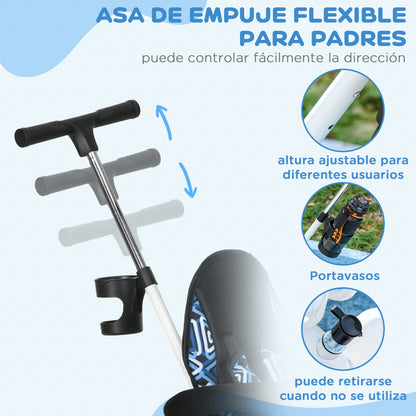 Baby Tricycle 6 in 1 Evolutionary Tricycle for Kids +12 Months with Foldable Canopy Telescopic and Detachable Push Handle Adjustable Seat Basket and Bottle Holder Blue and White