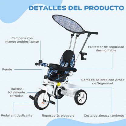 Baby Tricycle 6 in 1 Evolutionary Tricycle for Kids +12 Months with Foldable Canopy Telescopic and Detachable Push Handle Adjustable Seat Basket and Bottle Holder Blue and White
