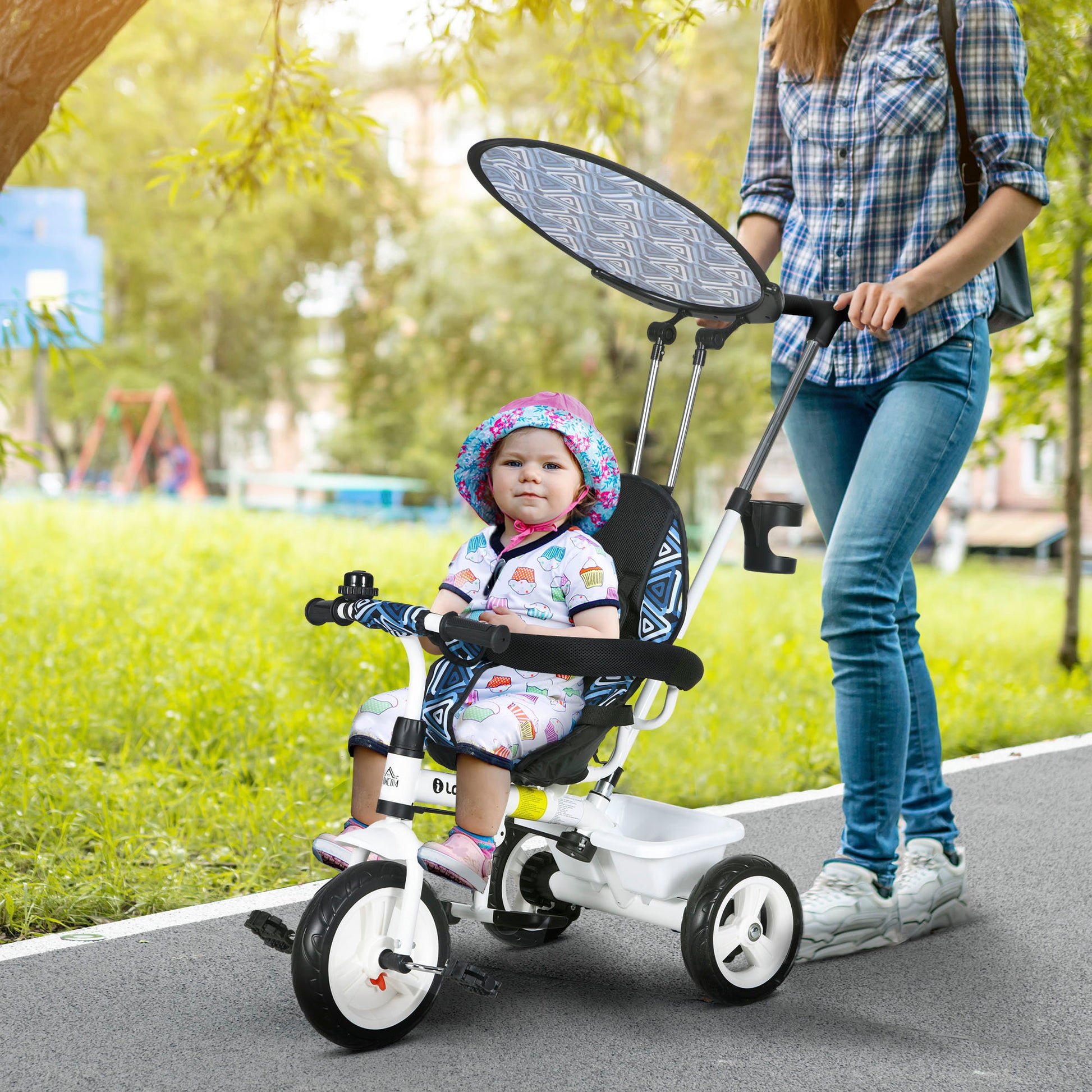 Baby Tricycle 6 in 1 Evolutionary Tricycle for Kids +12 Months with Foldable Canopy Telescopic and Detachable Push Handle Adjustable Seat Basket and Bottle Holder Blue and White