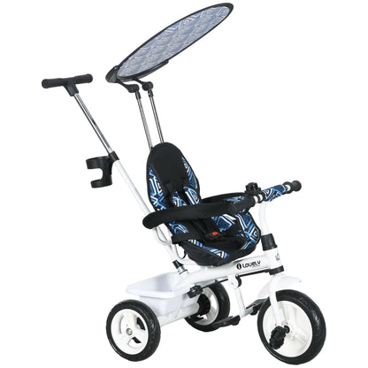 Baby Tricycle 6 in 1 Evolutionary Tricycle for Kids +12 Months with Foldable Canopy Telescopic and Detachable Push Handle Adjustable Seat Basket and Bottle Holder Blue and White