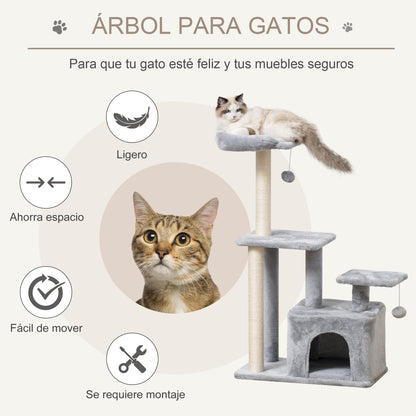 114cm Height Cat Scratching Tree Cat Tower with Sisal Posts 3 Platforms Cozy House and 2 Hanging Balls Light Gray