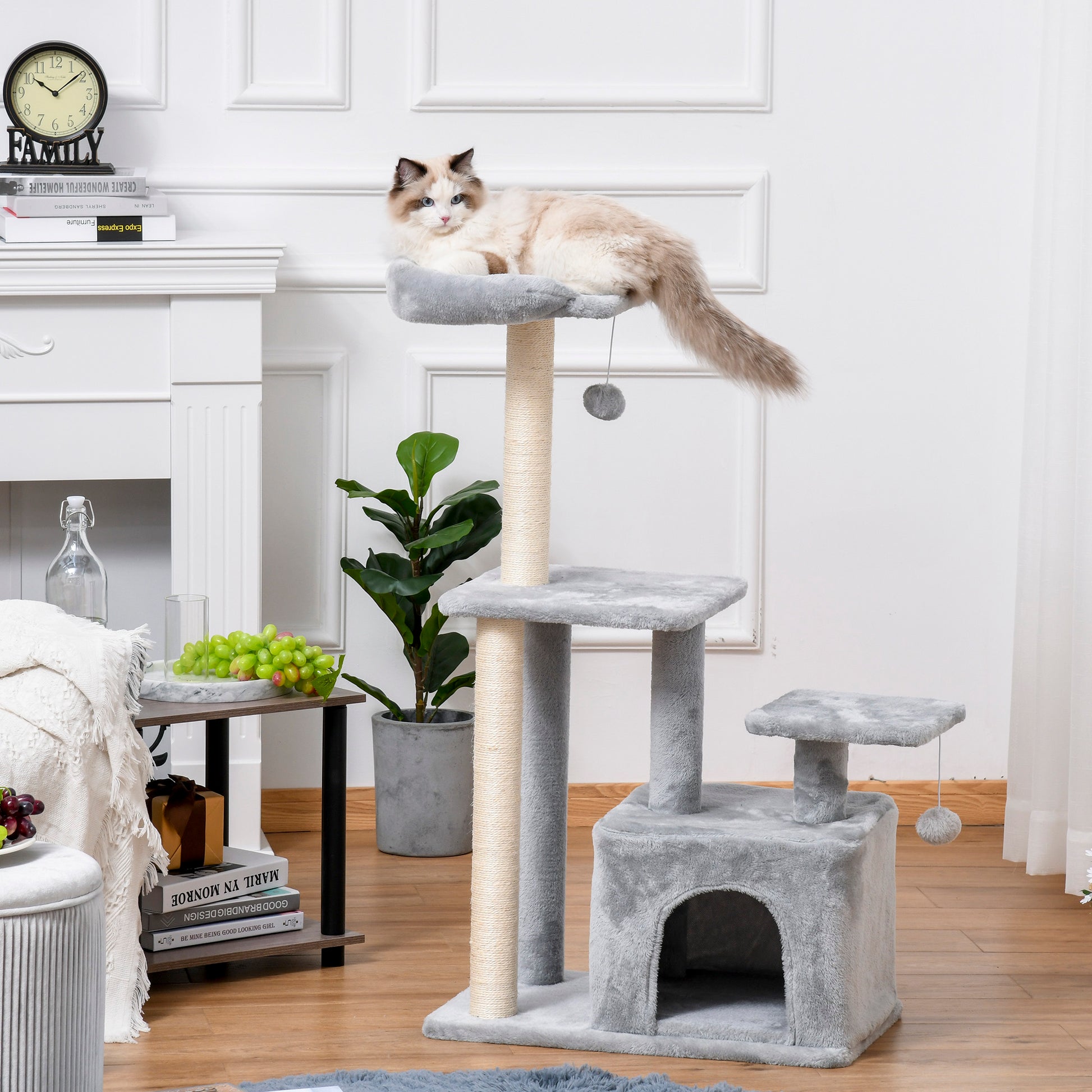 114cm Height Cat Scratching Tree Cat Tower with Sisal Posts 3 Platforms Cozy House and 2 Hanging Balls Light Gray
