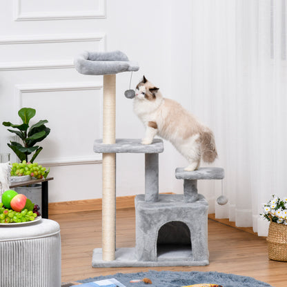 114cm Height Cat Scratching Tree Cat Tower with Sisal Posts 3 Platforms Cozy House and 2 Hanging Balls Light Gray
