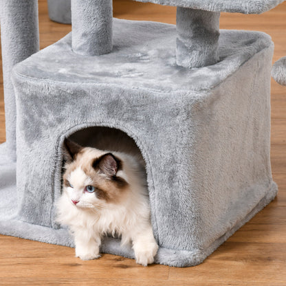 114cm Height Cat Scratching Tree Cat Tower with Sisal Posts 3 Platforms Cozy House and 2 Hanging Balls Light Gray