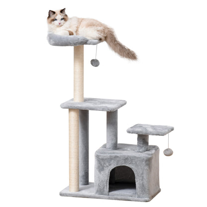 114cm Height Cat Scratching Tree Cat Tower with Sisal Posts 3 Platforms Cozy House and 2 Hanging Balls Light Gray