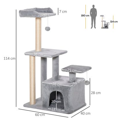 114cm Height Cat Scratching Tree Cat Tower with Sisal Posts 3 Platforms Cozy House and 2 Hanging Balls Light Gray