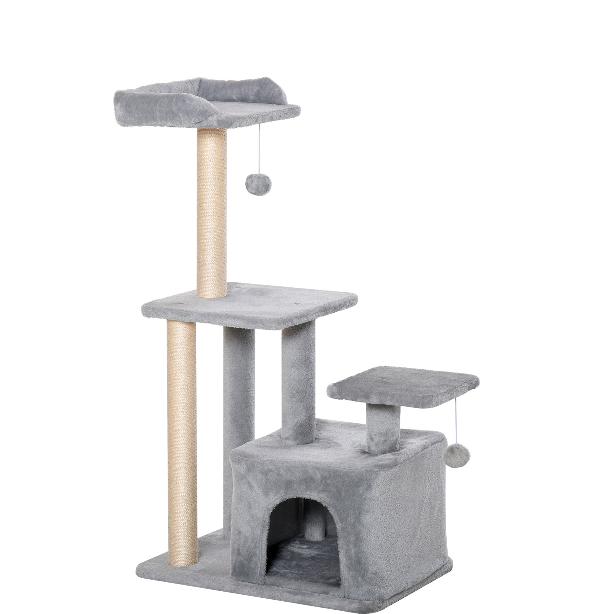 114cm Height Cat Scratching Tree Cat Tower with Sisal Posts 3 Platforms Cozy House and 2 Hanging Balls Light Gray