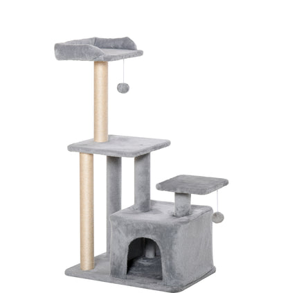 114cm Height Cat Scratching Tree Cat Tower with Sisal Posts 3 Platforms Cozy House and 2 Hanging Balls Light Gray