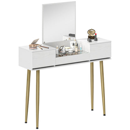 Makeup Vanity with Mirror Dressing Table with Visible Tempered Glass Countertop 3 Drawers Modern Makeup Desk for Bedroom White