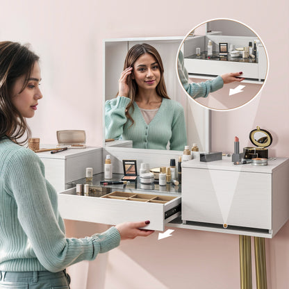 Makeup Vanity with Mirror Dressing Table with Visible Tempered Glass Countertop 3 Drawers Modern Makeup Desk for Bedroom White