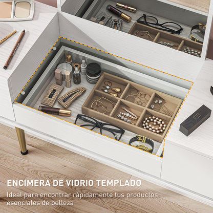 Makeup Vanity with Mirror Dressing Table with Visible Tempered Glass Countertop 3 Drawers Modern Makeup Desk for Bedroom White