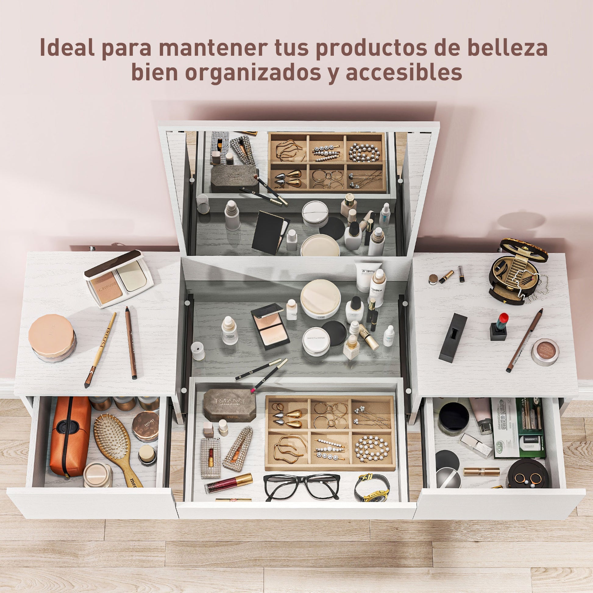 Makeup Vanity with Mirror Dressing Table with Visible Tempered Glass Countertop 3 Drawers Modern Makeup Desk for Bedroom White