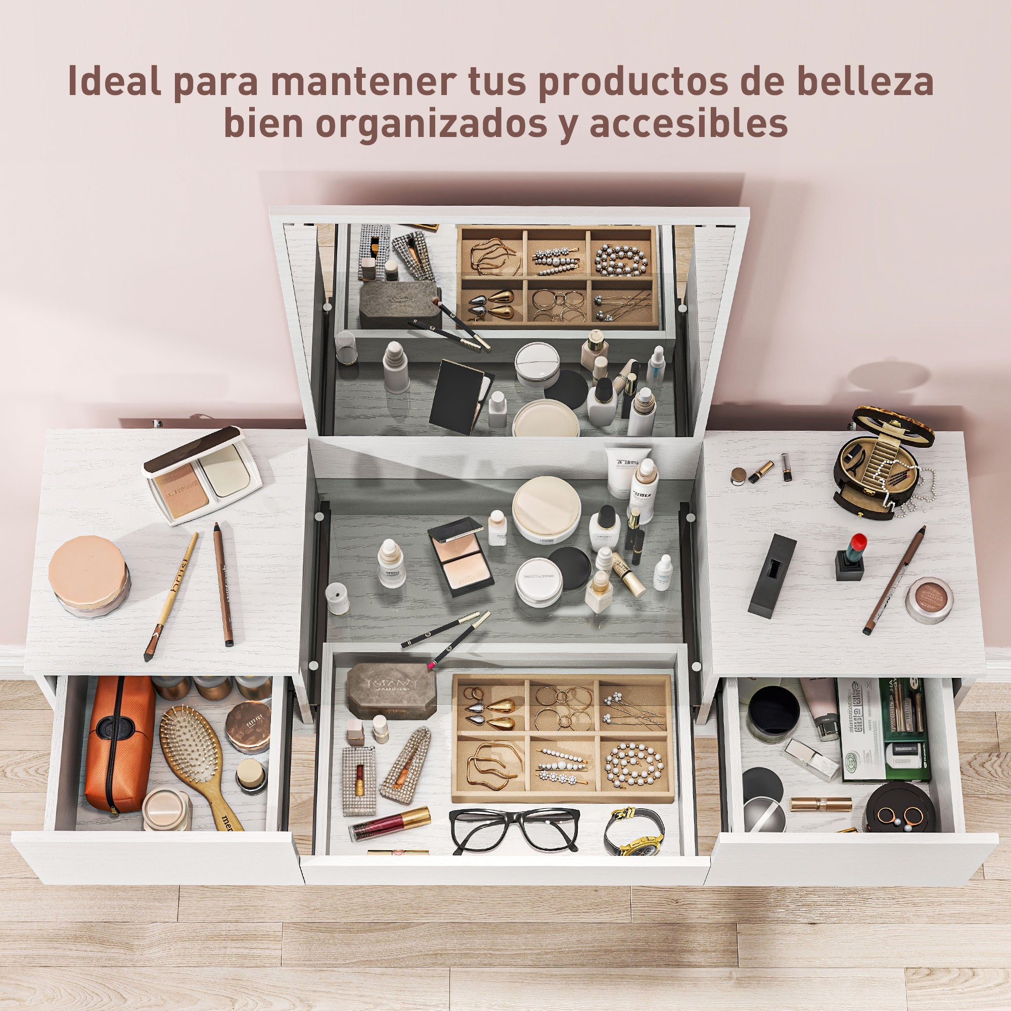 Makeup Vanity with Mirror Dressing Table with Visible Tempered Glass Countertop 3 Drawers Modern Makeup Desk for Bedroom White