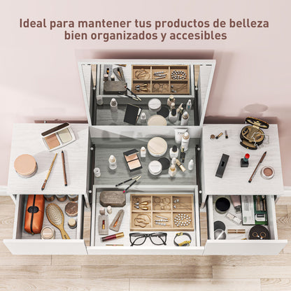 Makeup Vanity with Mirror Dressing Table with Visible Tempered Glass Countertop 3 Drawers Modern Makeup Desk for Bedroom White