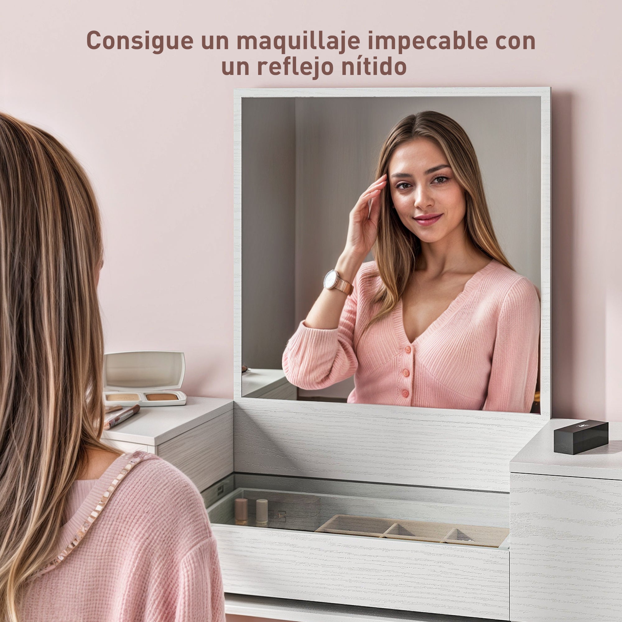 Makeup Vanity with Mirror Dressing Table with Visible Tempered Glass Countertop 3 Drawers Modern Makeup Desk for Bedroom White