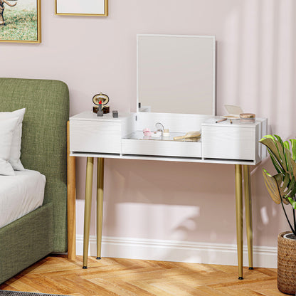 Makeup Vanity with Mirror Dressing Table with Visible Tempered Glass Countertop 3 Drawers Modern Makeup Desk for Bedroom White