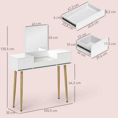 Makeup Vanity with Mirror Dressing Table with Visible Tempered Glass Countertop 3 Drawers Modern Makeup Desk for Bedroom White
