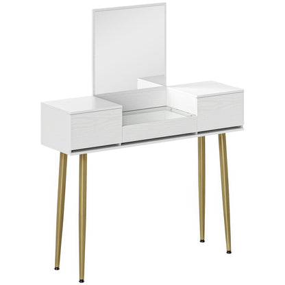 Makeup Vanity with Mirror Dressing Table with Visible Tempered Glass Countertop 3 Drawers Modern Makeup Desk for Bedroom White