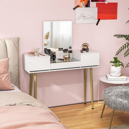 Makeup Vanity with Mirror Dressing Table with Visible Tempered Glass Countertop 3 Drawers Modern Makeup Desk for Bedroom White
