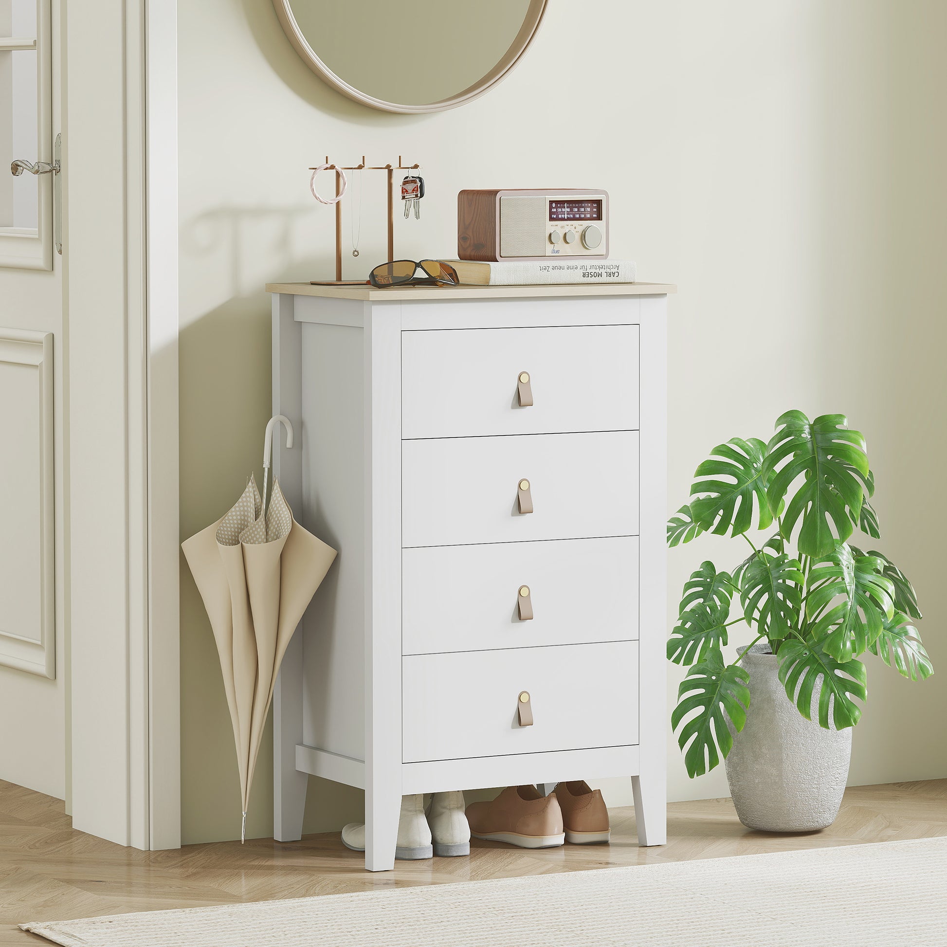 4-Drawer Dresser, Modern Style Storage Furniture with Polyurethane Handles, Wood Grain Top, Bedroom Dresser, Living Room, Hallway, 60 x 40 x 98 cm, White