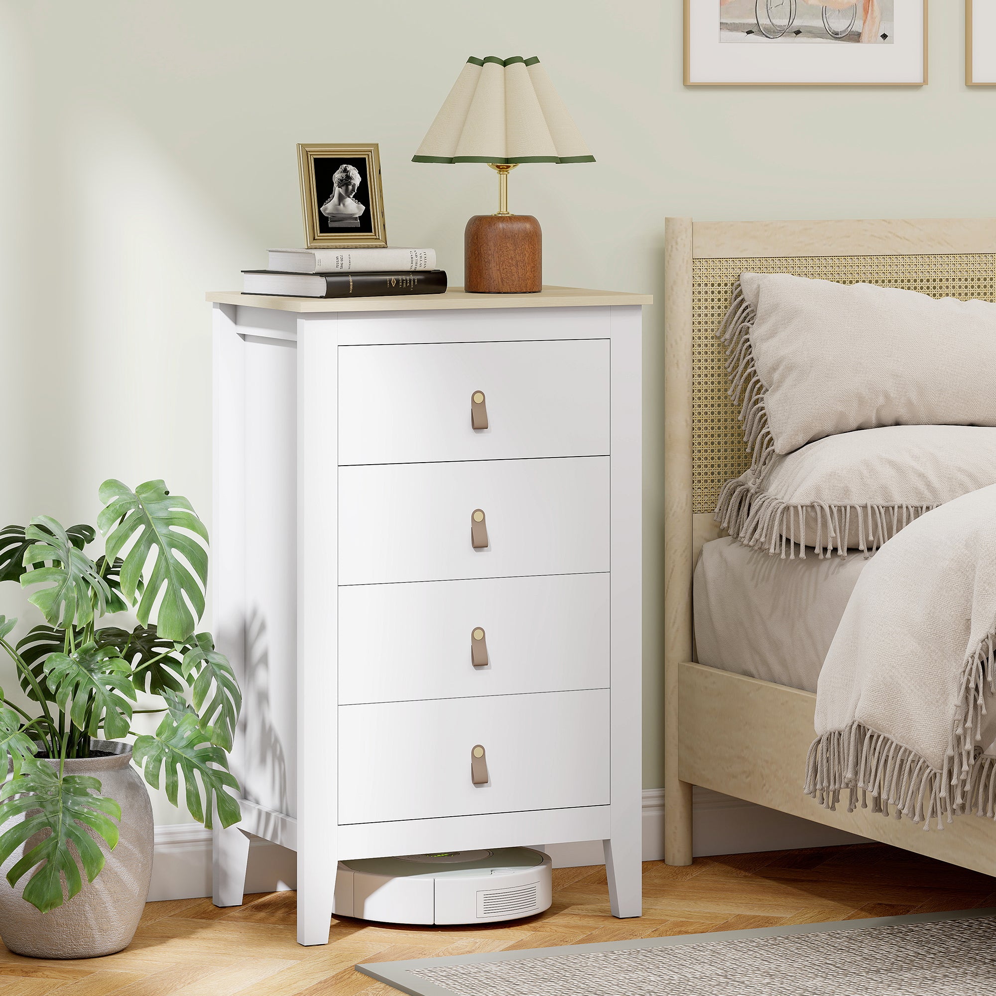 4-Drawer Dresser, Modern Style Storage Furniture with Polyurethane Handles, Wood Grain Top, Bedroom Dresser, Living Room, Hallway, 60 x 40 x 98 cm, White