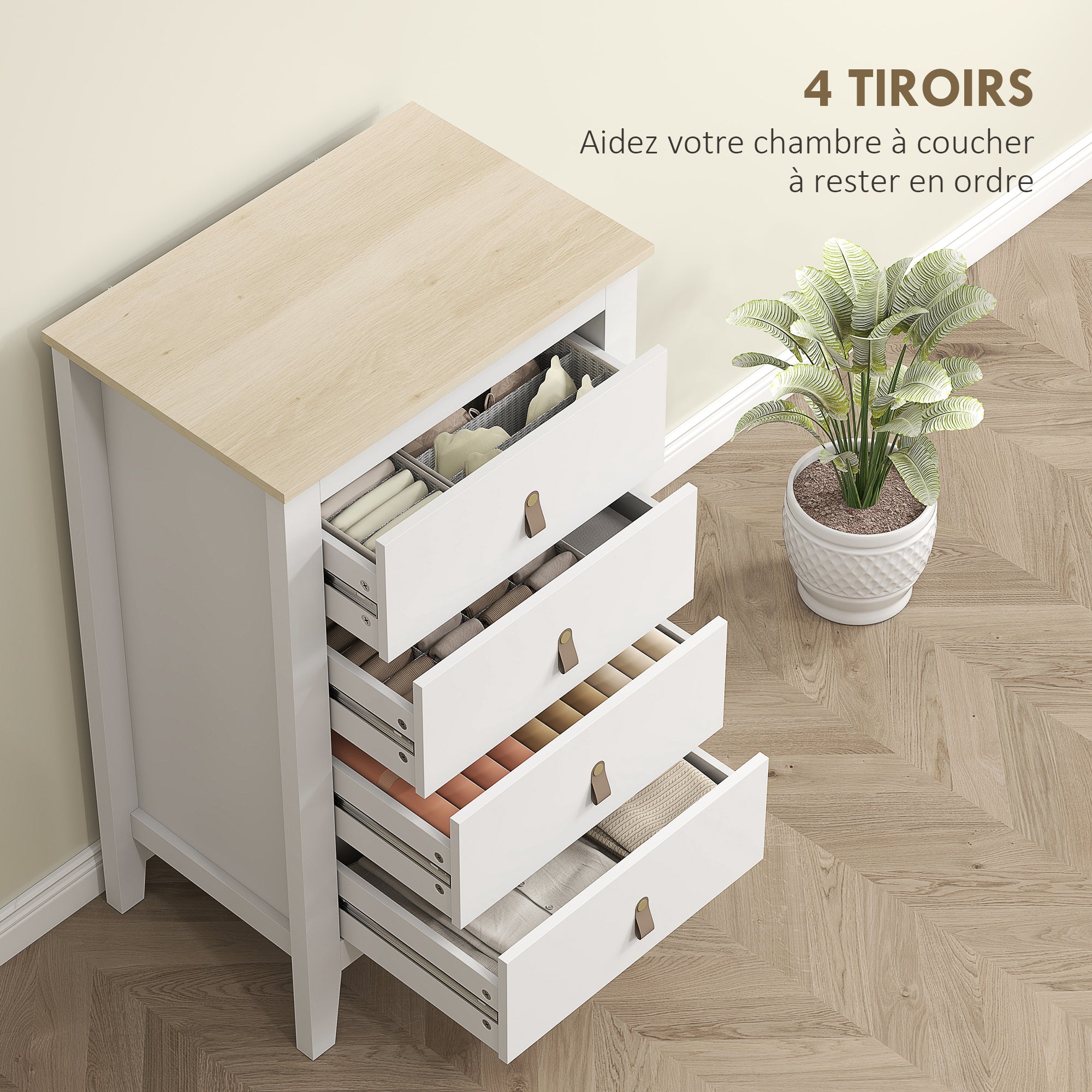 4-Drawer Dresser, Modern Style Storage Furniture with Polyurethane Handles, Wood Grain Top, Bedroom Dresser, Living Room, Hallway, 60 x 40 x 98 cm, White