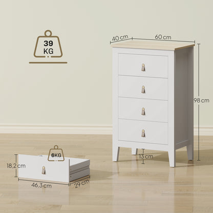 4-Drawer Dresser, Modern Style Storage Furniture with Polyurethane Handles, Wood Grain Top, Bedroom Dresser, Living Room, Hallway, 60 x 40 x 98 cm, White