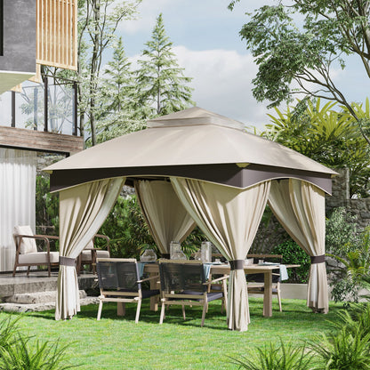 Garden Gazebo 3x3m Steel with Double Roof, Nets, and Curtains Included, Beige and Coffee