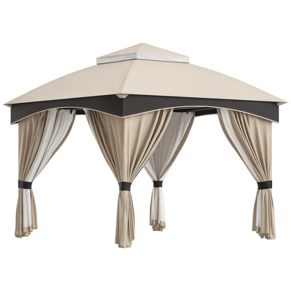 Garden Gazebo 3x3m Steel with Double Roof, Nets, and Curtains Included, Beige and Coffee