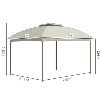 Garden Gazebo 3x3m Steel with Double Roof, Nets, and Curtains Included, Beige and Coffee