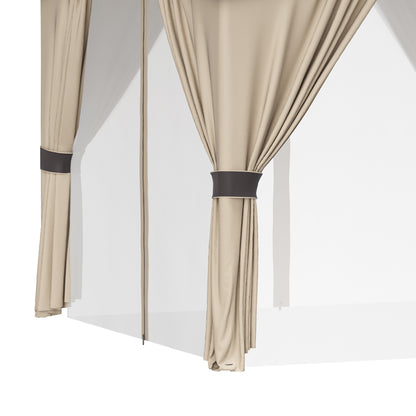 Garden Gazebo 3x3m Steel with Double Roof, Nets, and Curtains Included, Beige and Coffee
