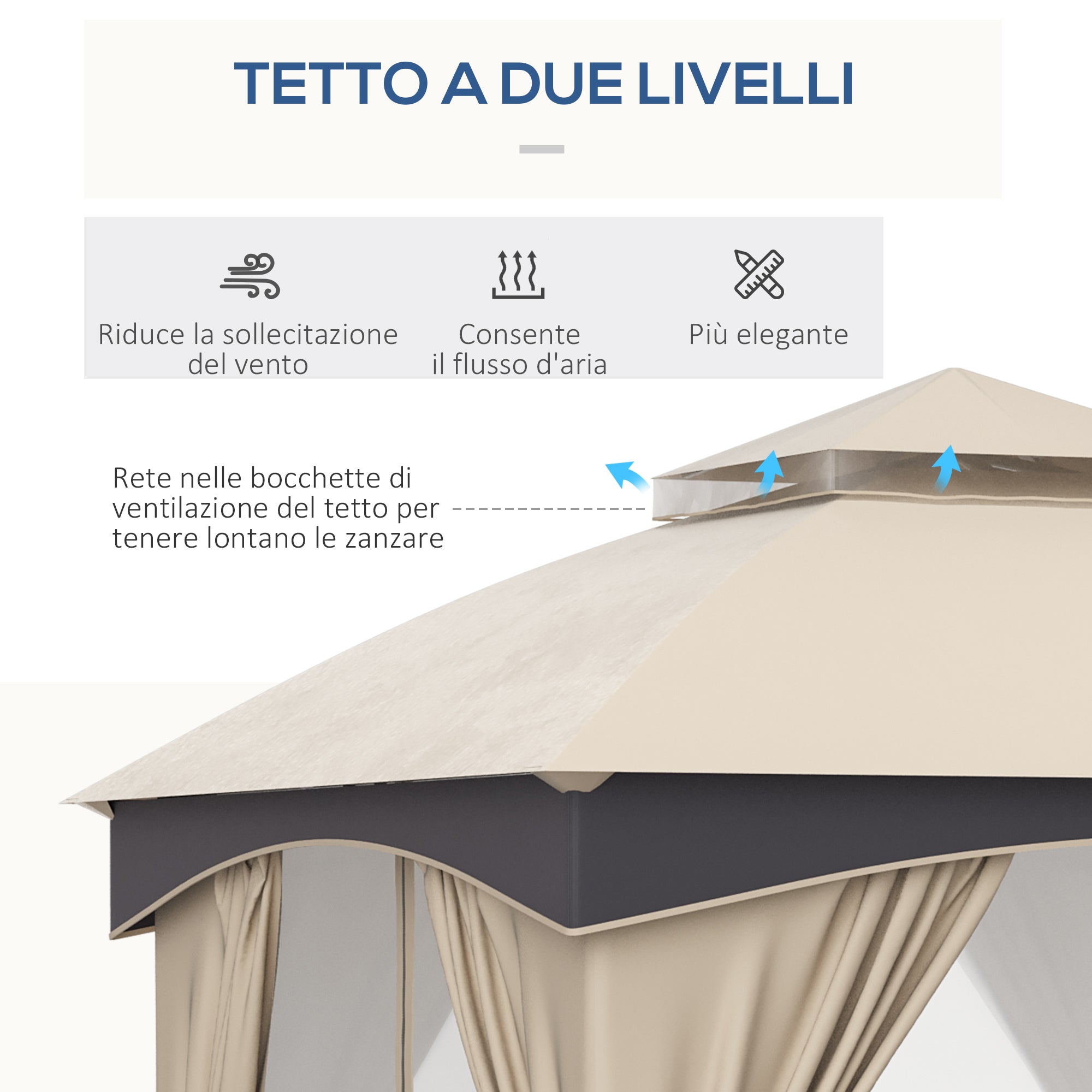 Garden Gazebo 3x3m Steel with Double Roof, Nets, and Curtains Included, Beige and Coffee