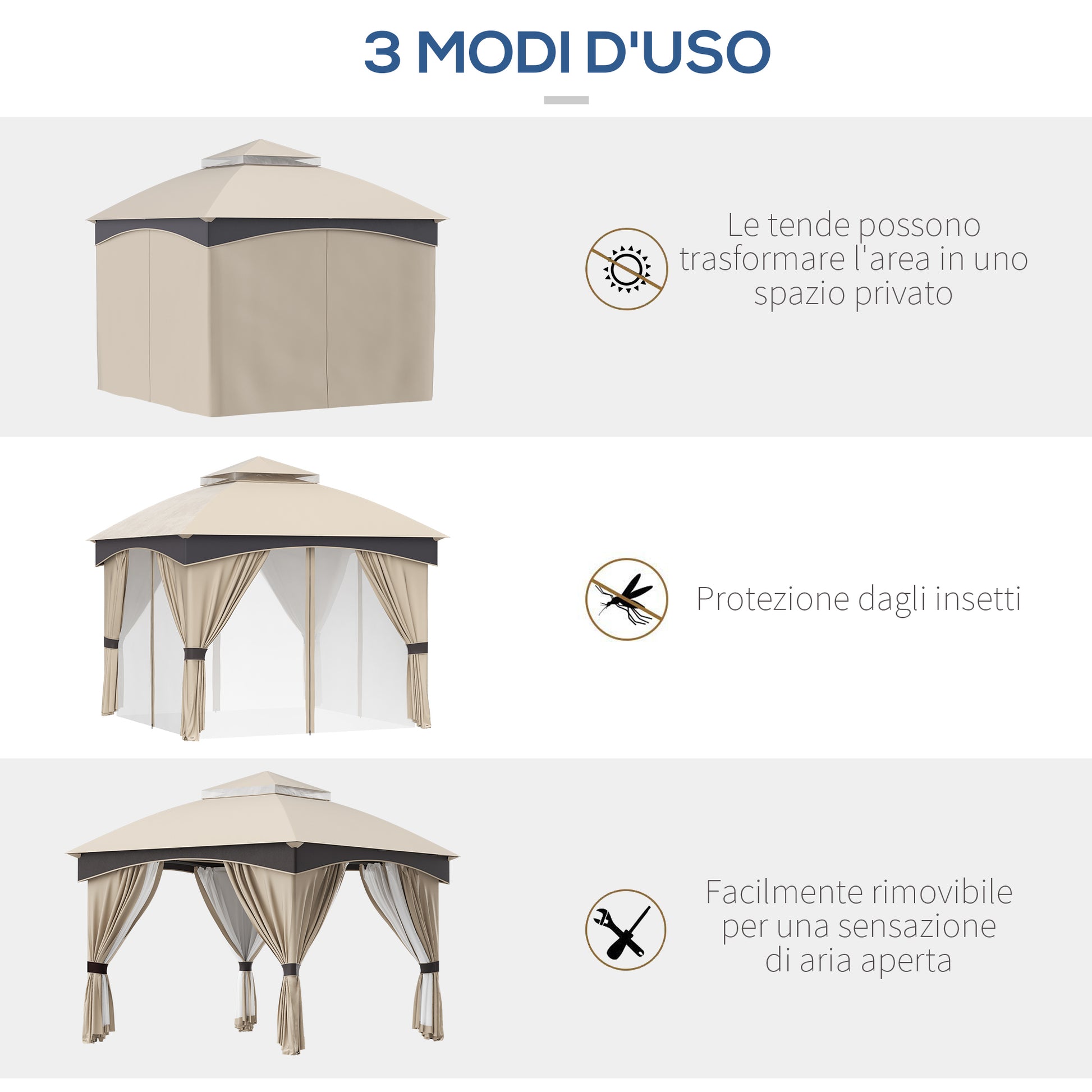 Garden Gazebo 3x3m Steel with Double Roof, Nets, and Curtains Included, Beige and Coffee