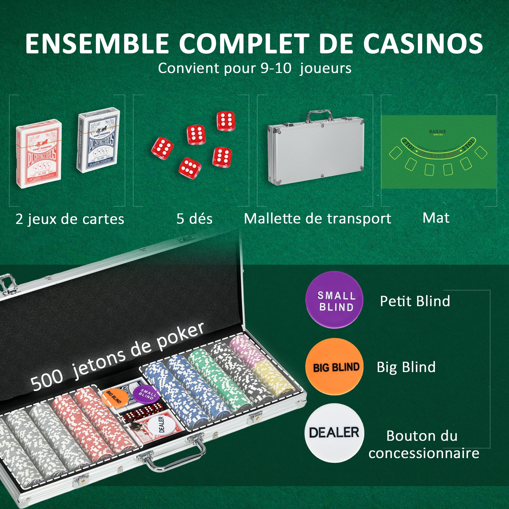 SPORTNOW Poker Chip Set Complete Poker Case, lockable, with 500 chips 5 dice 2 Decks of Cards 3 Buttons 1 Felt Mat + 2 keys Aluminum