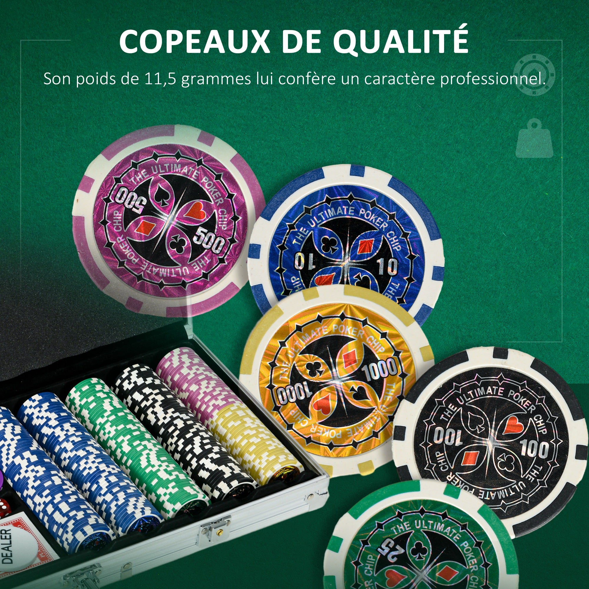 SPORTNOW Poker Chip Set Complete Poker Case, lockable, with 500 chips 5 dice 2 Decks of Cards 3 Buttons 1 Felt Mat + 2 keys Aluminum