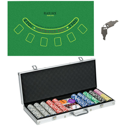 SPORTNOW Poker Chip Set Complete Poker Case, lockable, with 500 chips 5 dice 2 Decks of Cards 3 Buttons 1 Felt Mat + 2 keys Aluminum
