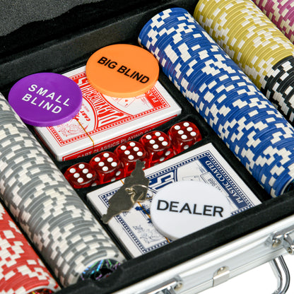 SPORTNOW Poker Chip Set Complete Poker Case, lockable, with 500 chips 5 dice 2 Decks of Cards 3 Buttons 1 Felt Mat + 2 keys Aluminum