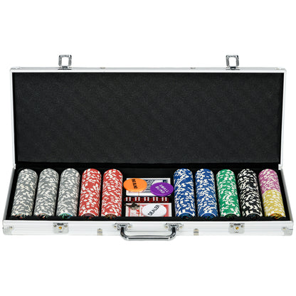SPORTNOW Poker Chip Set Complete Poker Case, lockable, with 500 chips 5 dice 2 Decks of Cards 3 Buttons 1 Felt Mat + 2 keys Aluminum