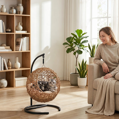 Woven Cat Bed — Elevated Rattan Cat House with Washable Cushion & Toy Ball, Indoor Hideout, 17.7 x 16.1 x 29.5 in (45 x 41 x 75 cm), Light Brown