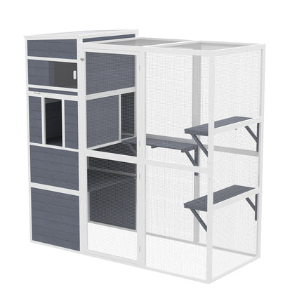 Outdoor Wooden Cat Enclosure with 3 Platforms, Weatherproof Roof, Window & Mesh Run for 3–4 Cats (up to 22 lb), Gray - Indoor/Outdoor