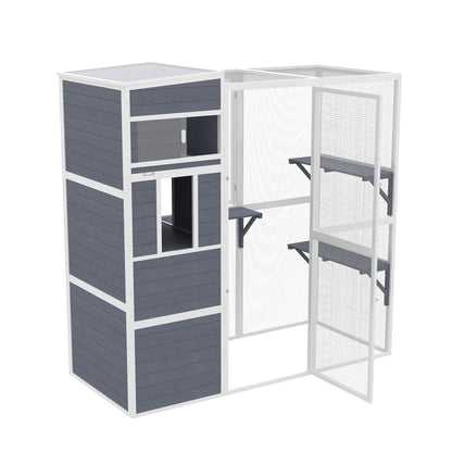 Outdoor Wooden Cat Enclosure with 3 Platforms, Weatherproof Roof, Window & Mesh Run for 3–4 Cats (up to 22 lb), Gray - Indoor/Outdoor
