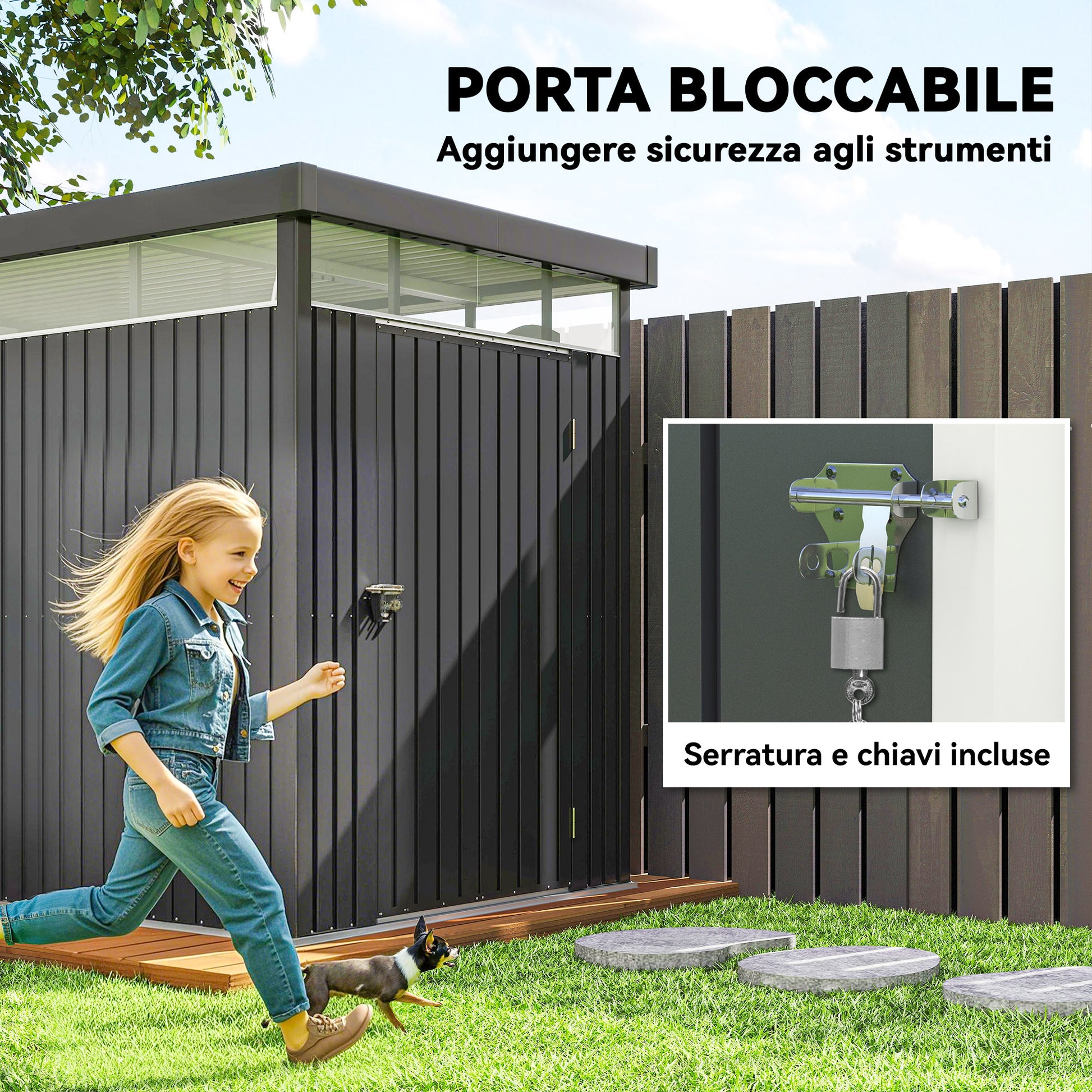 4m² Garden Shed in Zinc-Coated Steel with Drainage Holes and Clear Acrylic Windows, Tool Storage Shed with Roof, Lockable Door with Keys and Gloves, Dark Grey