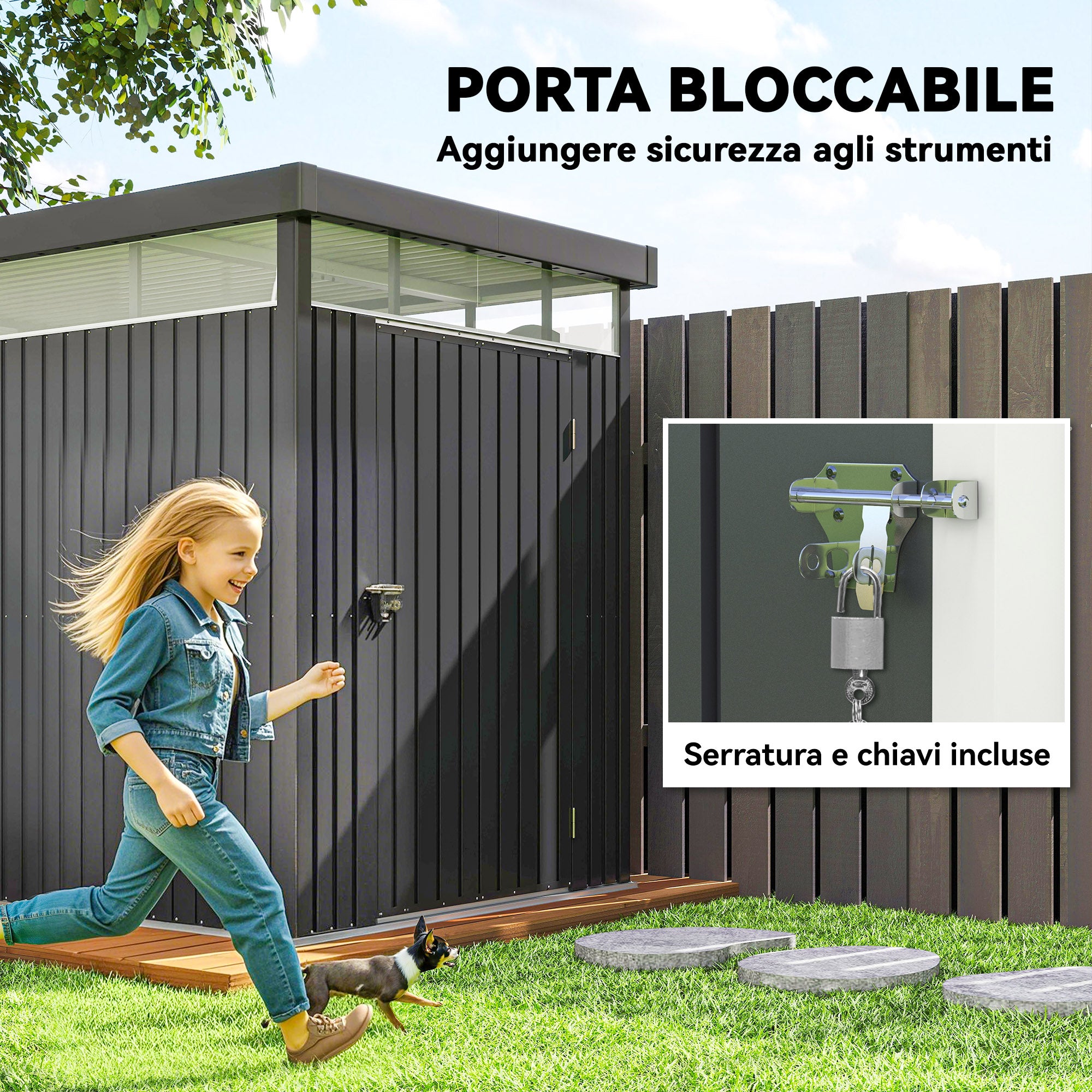 4m² Garden Shed in Zinc-Coated Steel with Drainage Holes and Clear Acrylic Windows, Tool Storage Shed with Roof, Lockable Door with Keys and Gloves, Dark Grey