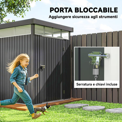 4m² Garden Shed in Zinc-Coated Steel with Drainage Holes and Clear Acrylic Windows, Tool Storage Shed with Roof, Lockable Door with Keys and Gloves, Dark Grey