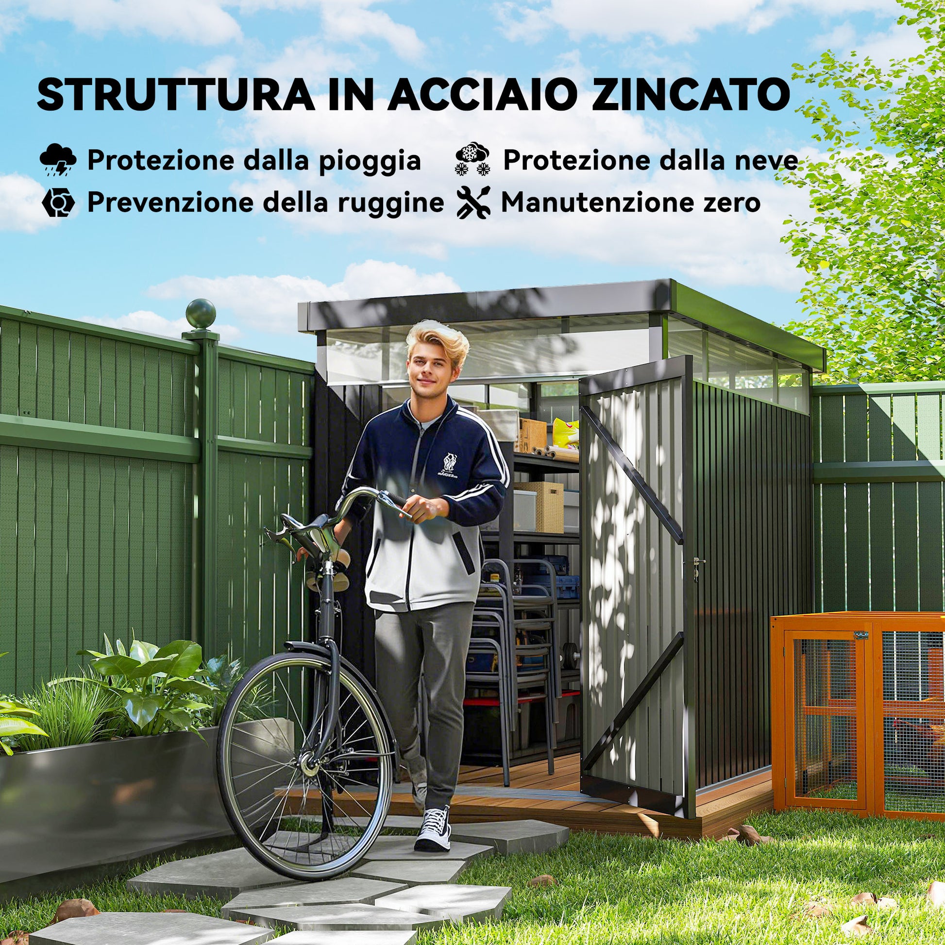 4m² Garden Shed in Zinc-Coated Steel with Drainage Holes and Clear Acrylic Windows, Tool Storage Shed with Roof, Lockable Door with Keys and Gloves, Dark Grey